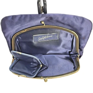 VTG Saks Fifth Avenue Women's Navy Satin Gold Frame Clutch Purse & Coin Pouch - Picture 1 of 8