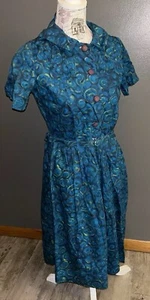 Vintage “A Nancy Frock” 1960s Or 1970s Blue/Green Pattern Dress with Belt - Picture 1 of 11