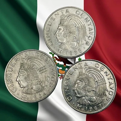 Lote de 3 Moedas de 50 Centavos do México - 1964, 1967 e 1968 - Navio Combinado - Imagem 1 de 2