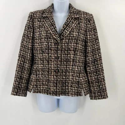 Blazer Albert Nipon Tweed Talla 4 Vintage Mezcla de Lana Marrón Cuadros Chaqueta Boucle Foto 1 de 4