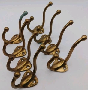 Lot of 10 Vintage Solid Brass Double Coat Hooks Heart Base Sand Cast Patina - Picture 1 of 8