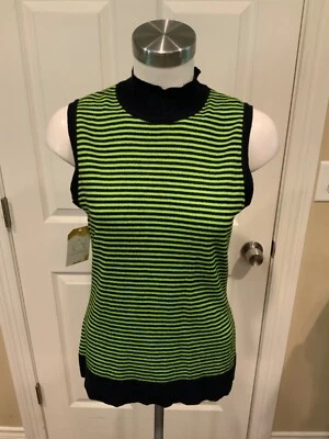 Mondi Vintage Navy Blue & Lime Green Striped Mock Neck Sweater Size 6 |  40 - Image 1 of 4