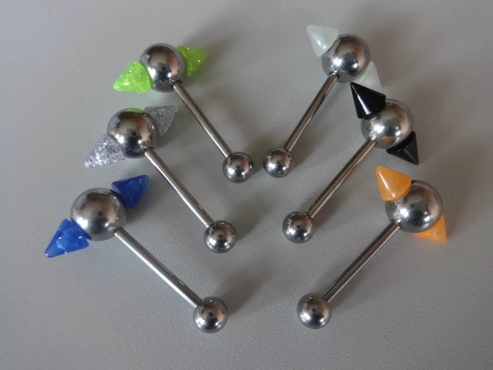  ZUNGE SPIKE ACRYLIC HAMMER 8x18,5 black orange creme glitter tongue 14G 6mm - Bild 1 von 1