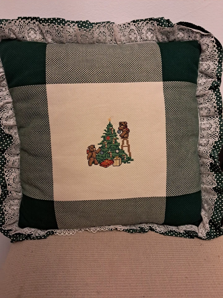 VINTAGE BEAR tree Ruffled Edge Throw Pillow 16" Square Christmas Medium  - Image 1 of 4