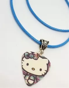 Hello Kitty Plaid Guitar Pick Necklace on Blue Rolled Cord - Picture 1 of 2