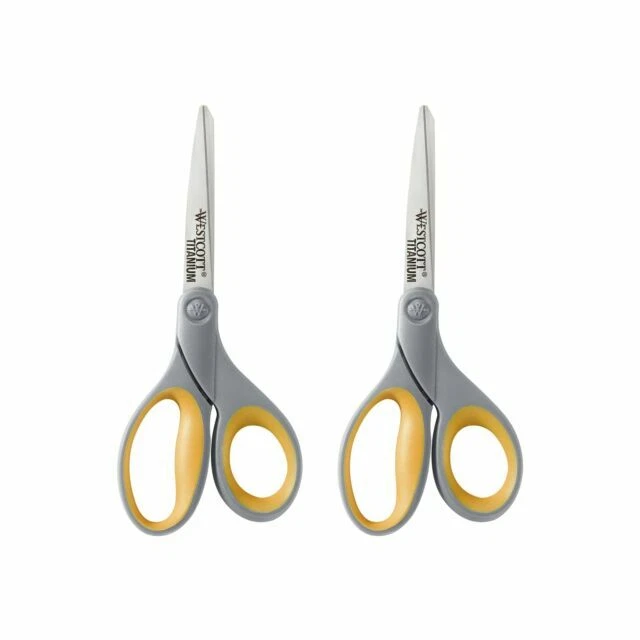 Westcott 13901 8 inch Straight Titanium Bonded Scissors, Gray/Yellow, 2 Per Pack