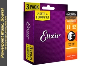 Elixir Nanoweb Acoustic Phosphor Bronze 3-Pack 11 - 52 Custom Light Gauge - Picture 1 of 4