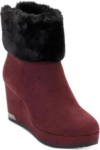 DKNY Women's Nadra Wedge Dress Booties Faux Fur K3279020 Maroon Black Size 8.5 - Picture 1 of 4