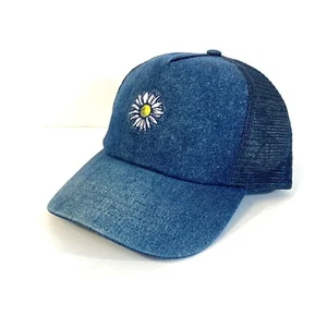 New WOMENS DAISY FLOWER TRUCKER HAT denim blue jean mesh ladies adjustable cap - Picture 1 of 4