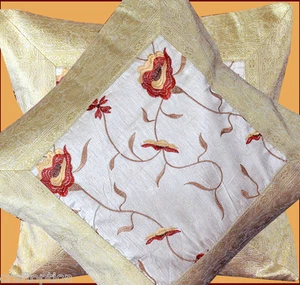 2er Set Kissenbezug weiß Seide Blume bestickt Brokat Bordüre aus Indien! - Bild 1 von 8