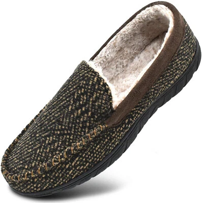 Zapatillas de casa KuaiLu para hombre invierno cálidas forro de felpa tweed mocasín zapatillas acogedoras Foto 1 de 4