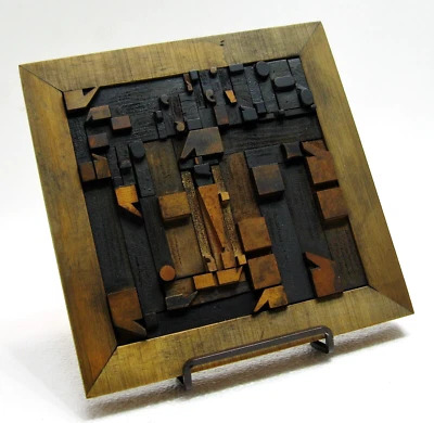 Vintage/antique letterpress punctuation marks in stained wood frame w/ stand. - Image 1 of 4
