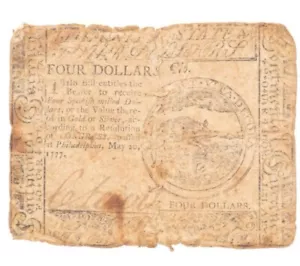 $4 FOUR DOLLARS MAY 20, 1777 CONTINENTAL CURRENCY PHILADELPHIA NOTE PAPER MONEY - Picture 1 of 2