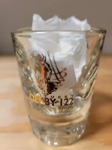 1996 KENTUCKY DERBY 2.0 OZ SHOT GLASS PANELED CLEAR W/ BLACK AND GOLD LOGO - Picture 1 of 2