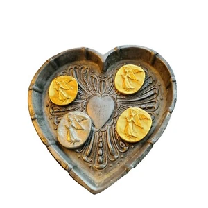 Vintage Metzke Pewter Trinket Heart Shaped Dish Hammered 4 Guardian Angel Tokens - Picture 1 of 9