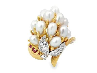 White Cultured Pearl Cluster Diamond and Ruby Ring 18k Yellow Gold - Image 1 of 4