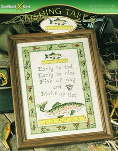 FISHING TALES Cross Stitch Pattern Early Bed Early Rise Fish & Make Up Lies - Picture 1 of 2