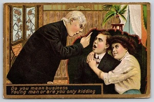 Postal Do You Mean Business joven mujer padre matrimonio romance humor 1911 - Imagen 1 de 2