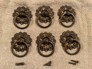 6 Attractive Large Brass Single Hole Mount Drawer Pulls, Free S/H