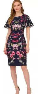 Adrianna Papell Floral Scuba Sheath Navy Pink Midi Dress Size 10 NWT - Picture 1 of 6