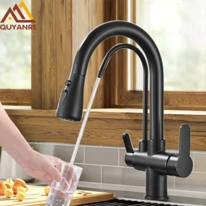 Matte Black Kitchen Sink Faucet Hot Cold Mixer Tap Spring Spout Deck Mount - Picture 1 of 6