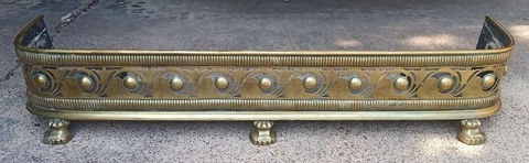 Antique Pierced Etched Brass & Iron Fireplace Fender Bumper w/3 Lion Feet - 51" Cover