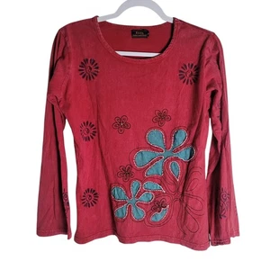 Rising International Boho Blumen Shirt Damen Große L Rot Langarm Hippie LESEN - Bild 1 von 11