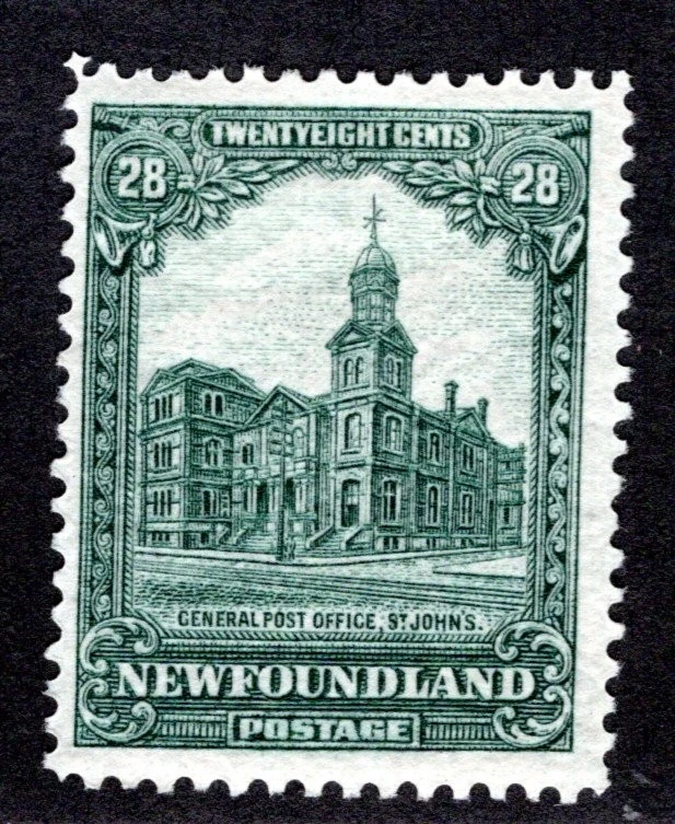 158, Scott, Newfoundland, 28¢ General Post Office, gray green, MLHOG, F — 第 1/1 张图片