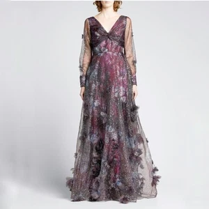 Marchesa Gown 3D Floral Purple Black Printed Organza Foiled Long Sleeve Sz 6 - Picture 1 of 11