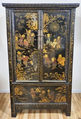 ANTIQUE Asian BLACK Lacquered CHINOISERIE Painted BAR Cabinet ARMOIRE Wardrobe - Image 1 of 4
