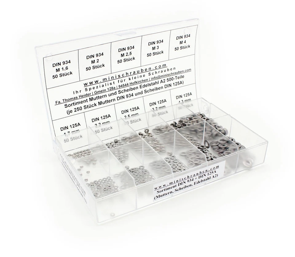 Edelstahl-Sortiment mit Scheiben und Muttern ab M 1,6 (500 Teile) - Bild 1 von 4