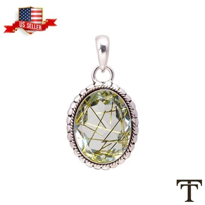 Joyería colgante artesanal de piedra de cuarzo rutilado dorado de plata de ley 925 Foto 1 de 4