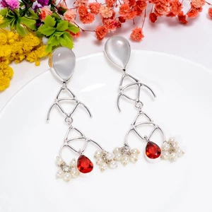Red Garnet Biwa Pearl Gemstone Handmade 925 Sterling Silver Earrings 2.8" C714 - Picture 1 of 5