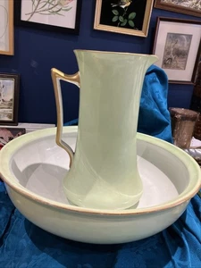 ANTIQUE LARGE VINTAGE MINT GREEN GOLD TRIM CERAMIC WASH BOWL JUG ENGLAND - Picture 1 of 11