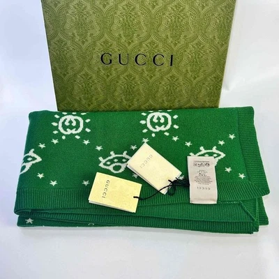 【NUEVO】GUCCI GG Logo OVNI Intarsia Lana Manta Verde Blanco 85cm Caja Foto 1 de 4