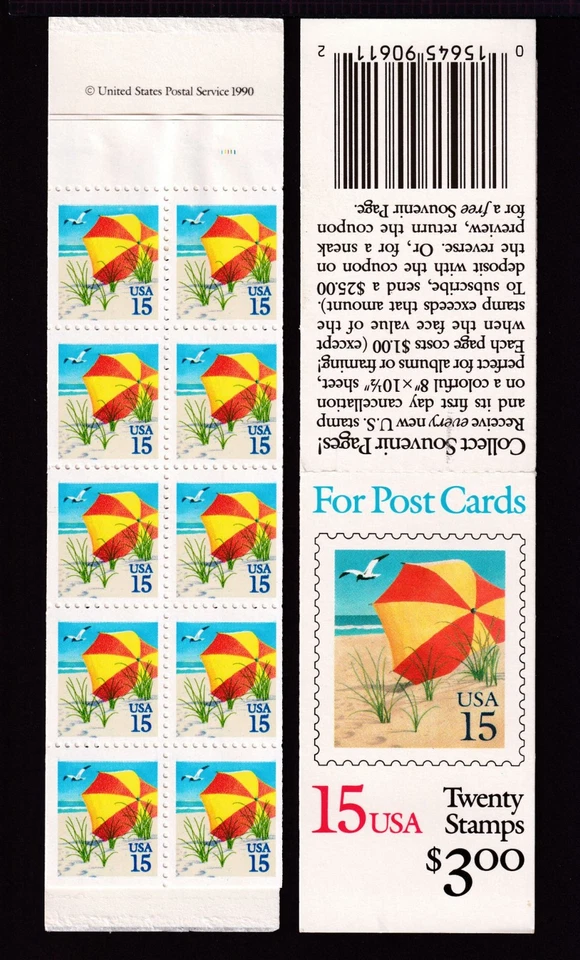 1990 Beach Umbrella BOOKLET of 20 BK170 Sc 2443a 15c postcard rate P111111 - Image 1 of 1