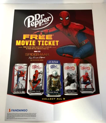 Póster promocional de la película Dr Pepper de Spider-Man Far From Home 2018 - Fandango - En muy buena condición Foto 1 de 4