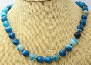 10mm Genuine Blue Striped Agate Round Gemstone Beads Necklace 18'' - Picture 1 of 6