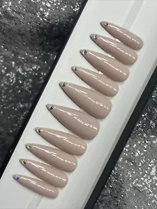 💎CUSTOM Gel Press On False Nails, BLING NUDE 10p Set Long Stiletto W Kit - Picture 1 of 8