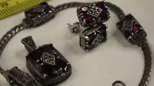 Vintage Sterling Silver 925 Parure Marcasite and Red Spinel Teardrops by JC Nice - Picture 1 of 18