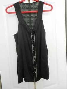 BLACK SILK LONG TOP--LACE WITH SILVER CHAINS AND STONES AS TRIM - Picture 1 of 4