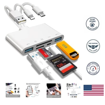 5-in-1 Memory Card Reader & USB OTG Adapter - Fast Data Transfer for iPhone/iPad - Image 1 of 4