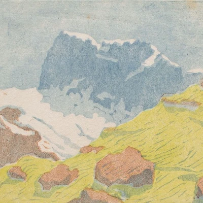 Margarete Gerhardt Farblinolschnitt Japanpapier Gebirge Wiese signiert - Bild 1 von 4