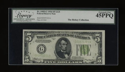 DBR 1934 $5 LGS FRN Chicago Fr. 1955-Glgs Legacy 45 PPQ Serial G01871221A - Image 1 of 2