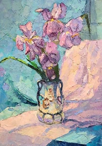 Oil Painting Irises In A Vase Serdyuk B. Unframed Original Home Decor nSerb913 - Picture 1 of 9