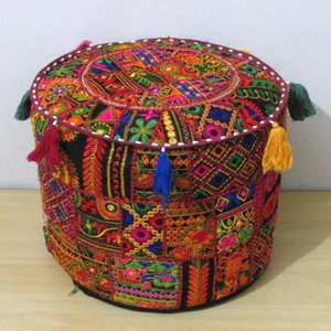 18" Indian Ottoman Pouf Cover Vintage Patchwork Cotton Ethnic Handmade Round - Picture 1 of 4