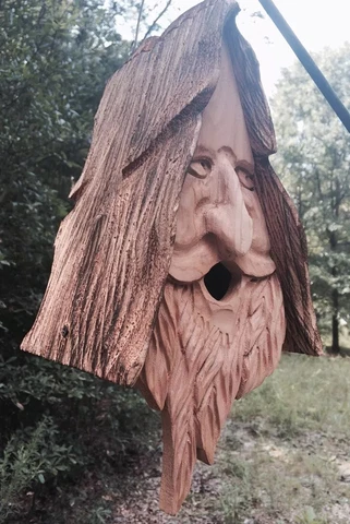 Hand Carved Wood Spirit Old Man Face Cedar Birdhouse Happy With Hair Cover