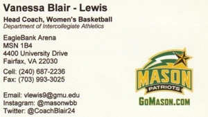 GEORGE MASON WOMENS HEAD BSKB COACH VANESSA BLAIR-LEWIS SIGNED BUSINESS CARD - Picture 1 of 2