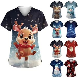 Women's Casual Printed T-Shirt V Neck Pattern Short Sleeve Pocket Fashion Tops - Picture 1 of 36