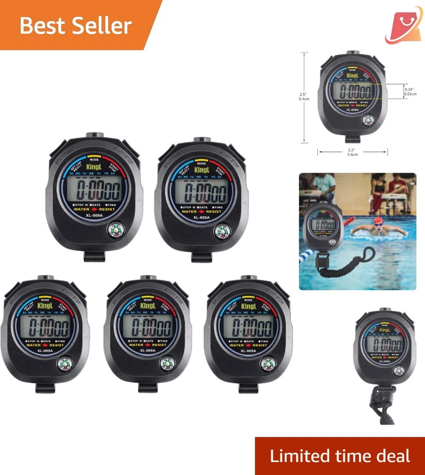 5-Pack Digital Stopwatch Timer with Countdown & Silent Mode for Sports Training